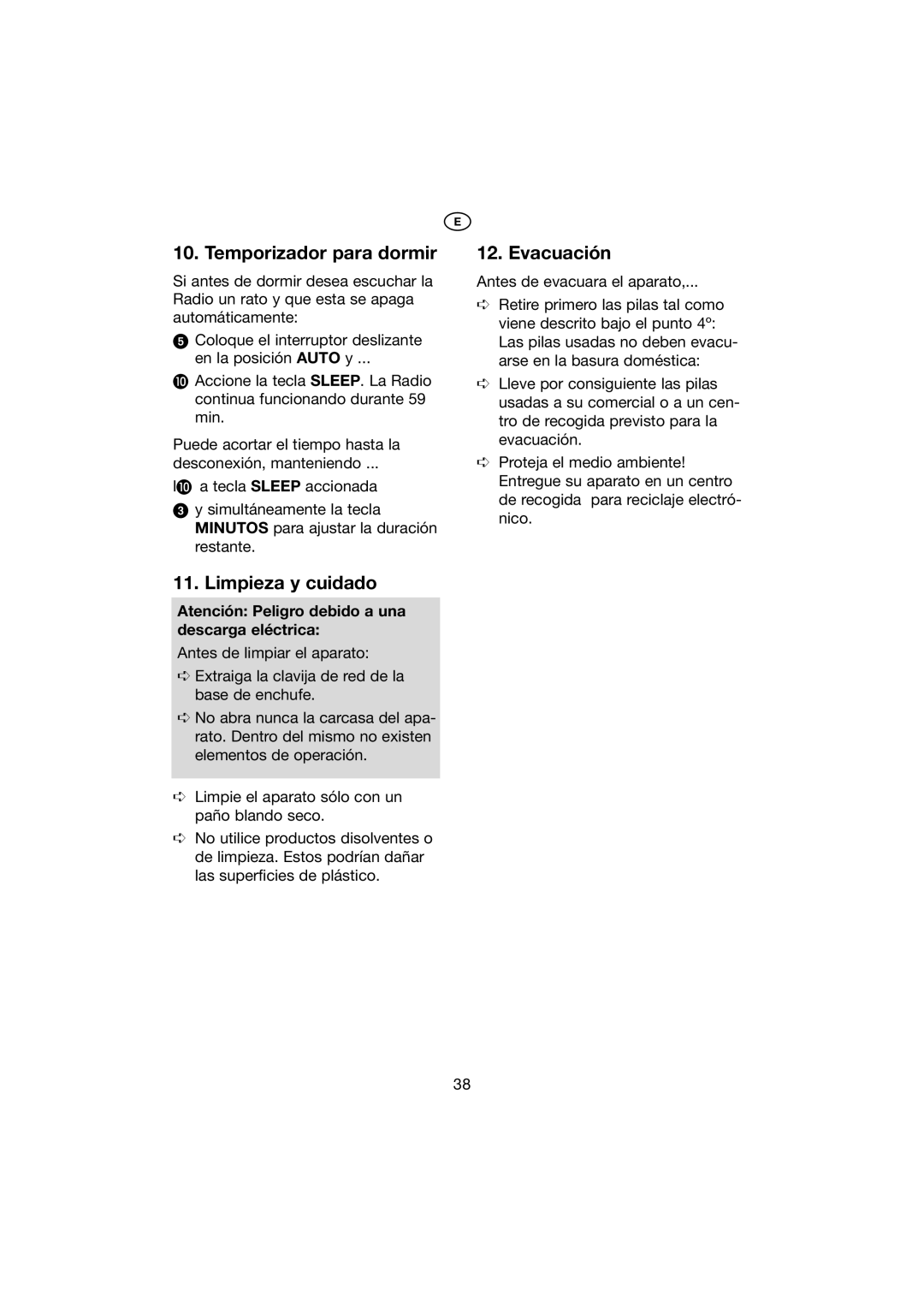 Kompernass KH 2271 manual Temporizador para dormir, Evacuación, Limpieza y cuidado 