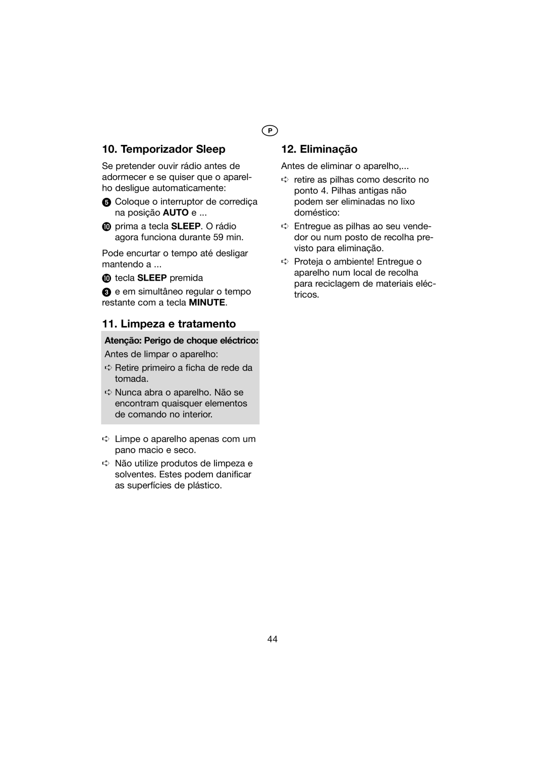 Kompernass KH 2271 manual Temporizador Sleep, Eliminação, Limpeza e tratamento, Atenção Perigo de choque eléctrico 