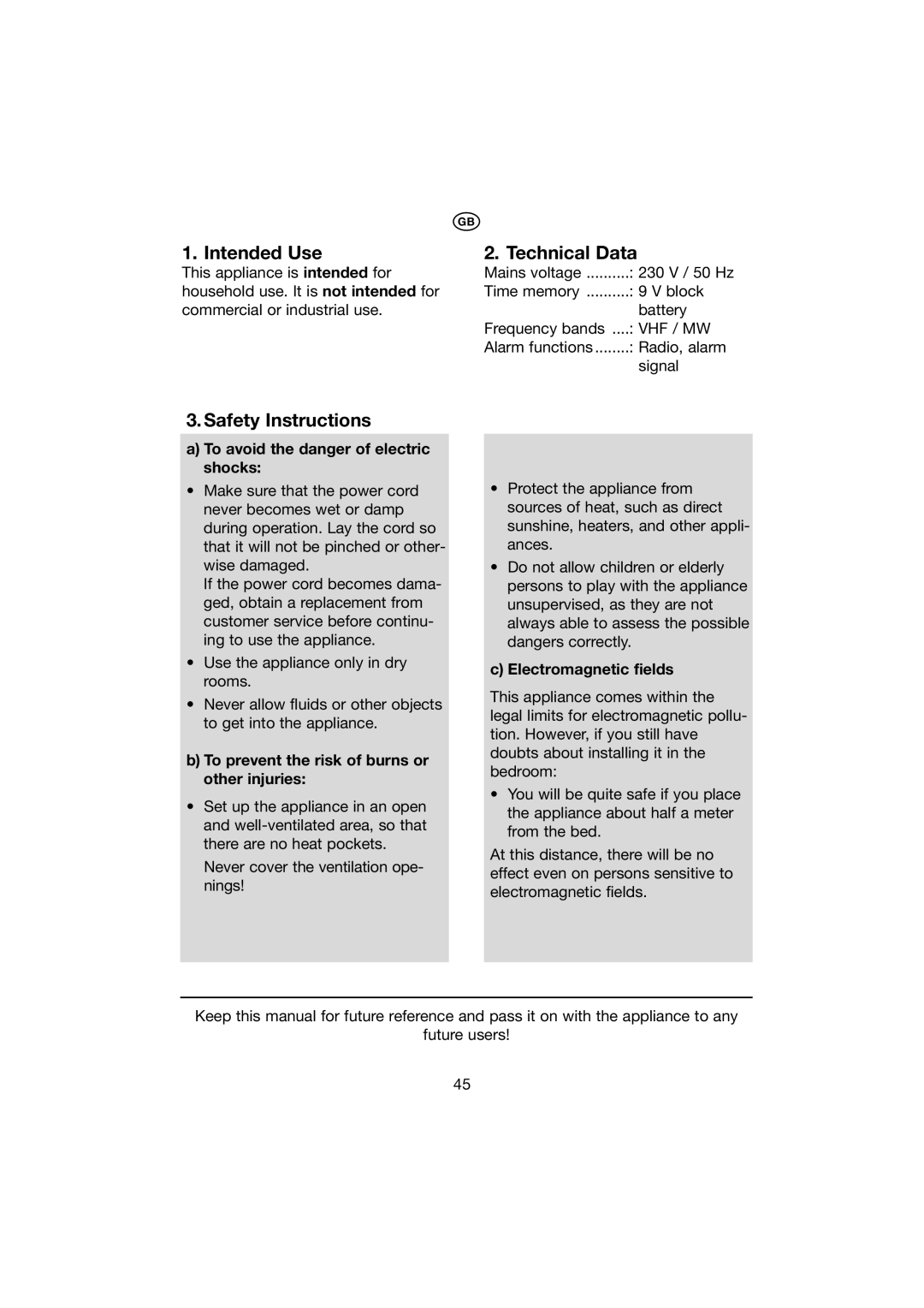 Kompernass KH 2271 manual Intended Use Technical Data, Safety Instructions, To avoid the danger of electric shocks 