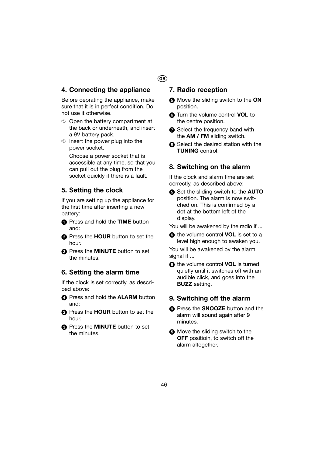 Kompernass KH 2271 manual Connecting the appliance, Setting the clock, Setting the alarm time, Radio reception 