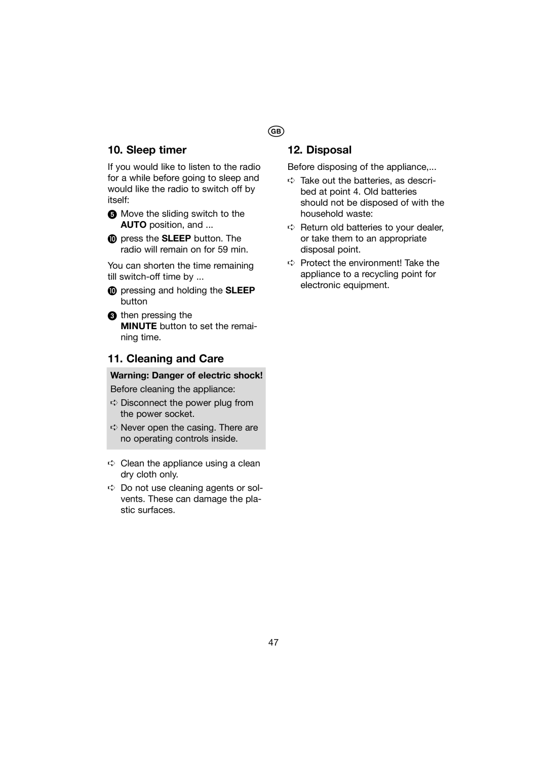 Kompernass KH 2271 manual Cleaning and Care, Disposal 