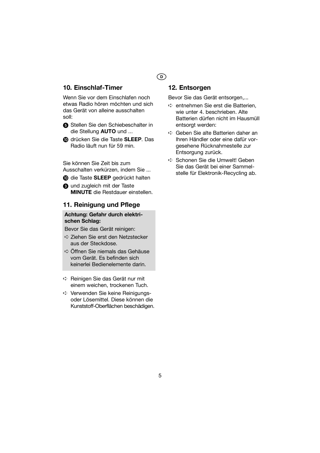 Kompernass KH 2271 manual Einschlaf-Timer, Reinigung und Pflege, Entsorgen, Achtung Gefahr durch elektri- schen Schlag 