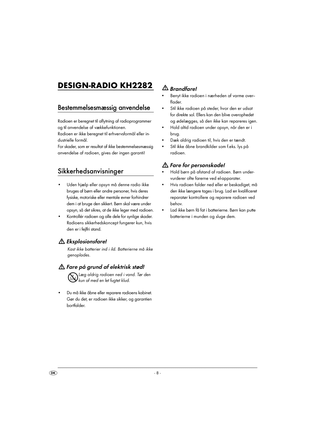 Kompernass KH 2282 manual DESIGN-RADIO KH2282, Sikkerhedsanvisninger 