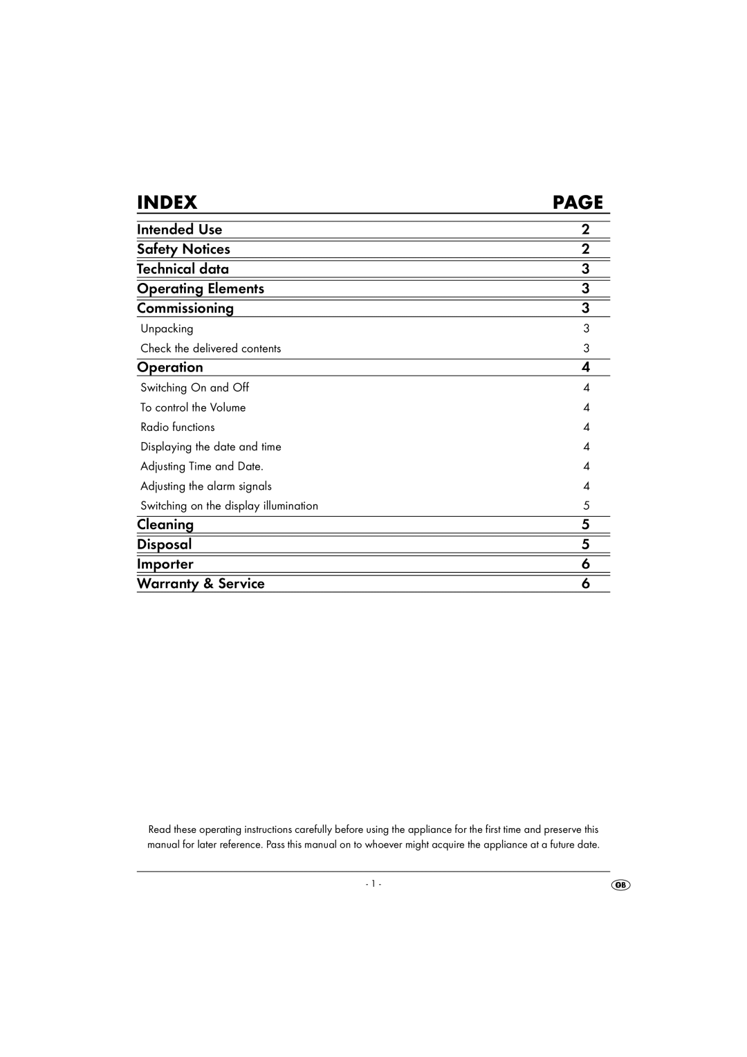 Kompernass KH 2282 manual Index, Unpacking Check the delivered contents 