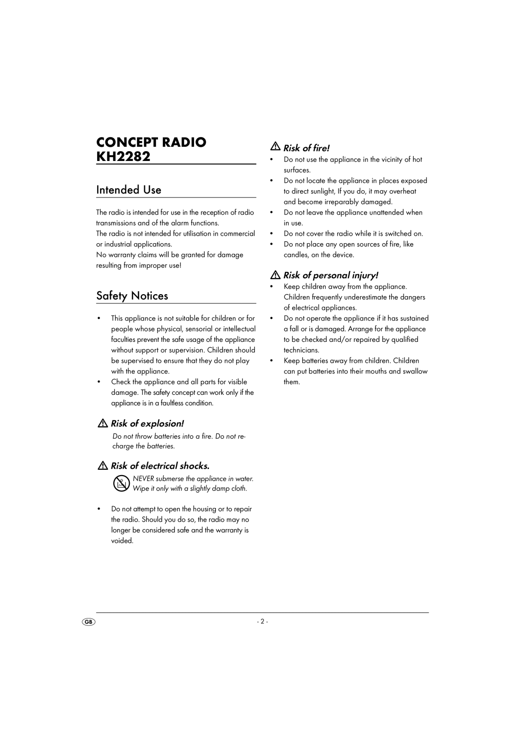 Kompernass KH 2282 manual Concept Radio, Intended Use, Safety Notices 