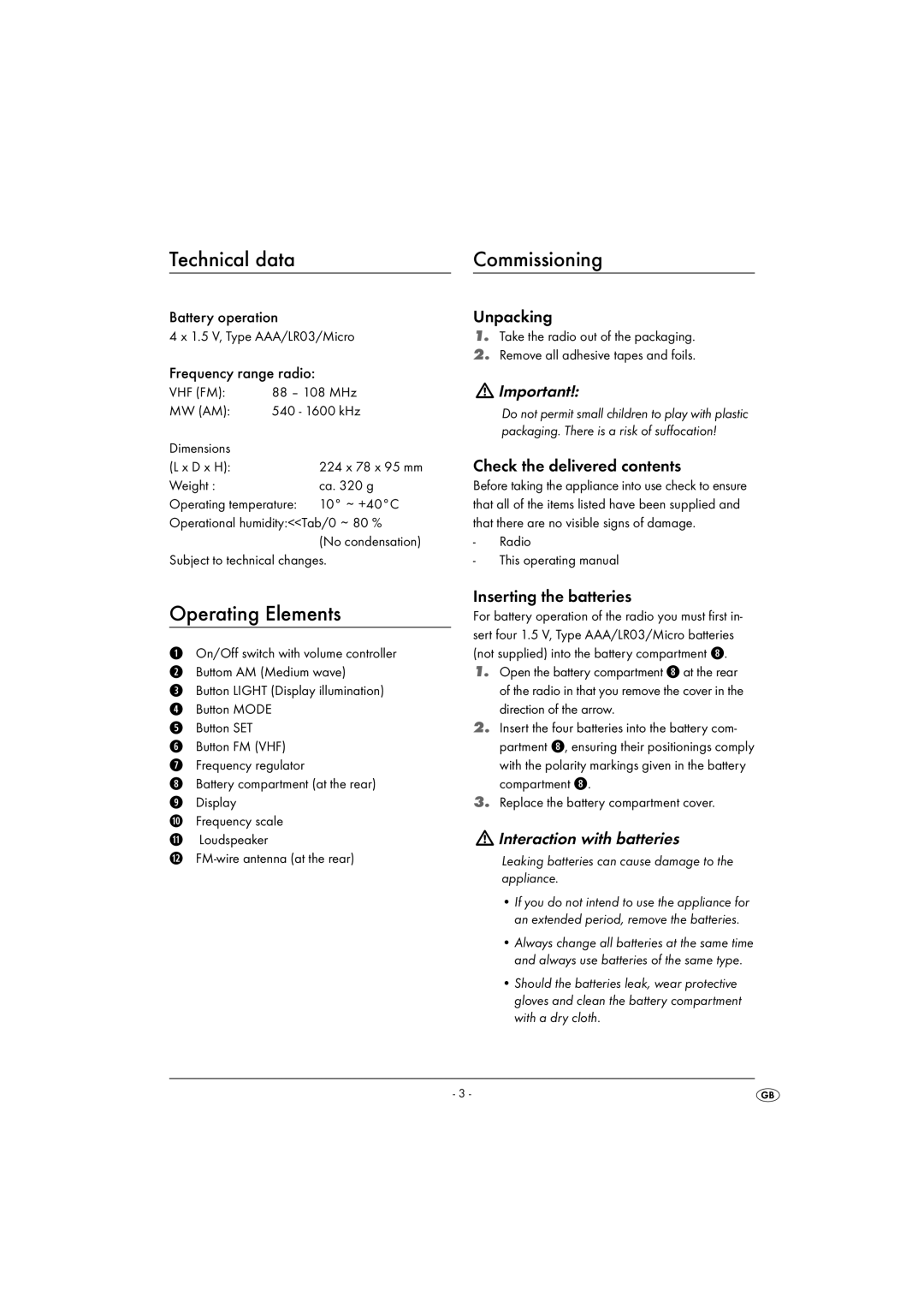 Kompernass KH 2282 manual Technical data, Operating Elements, Commissioning, Interaction with batteries 