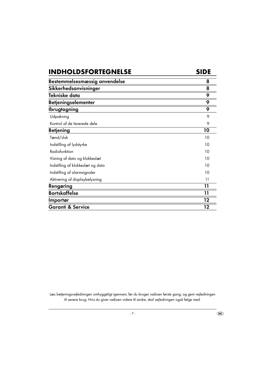 Kompernass KH 2282 manual Indholdsfortegnelse Side, Udpakning Kontrol af de leverede dele 