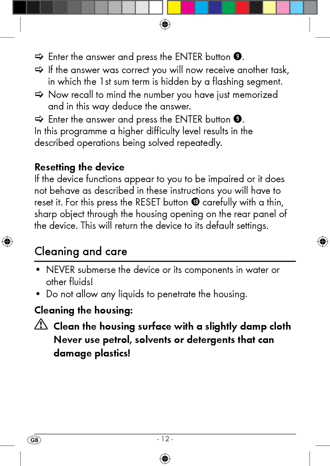 Kompernass KH 2283 Cleaning and care, Enter the answer and press the Enter button o, Resetting the device 