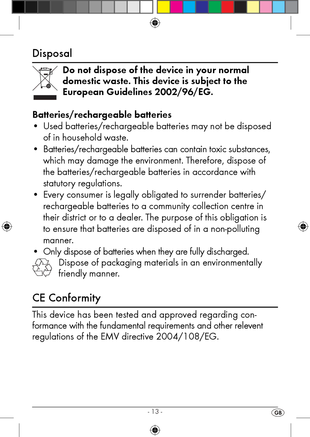 Kompernass KH 2283 instruction manual Disposal, CE Conformity 