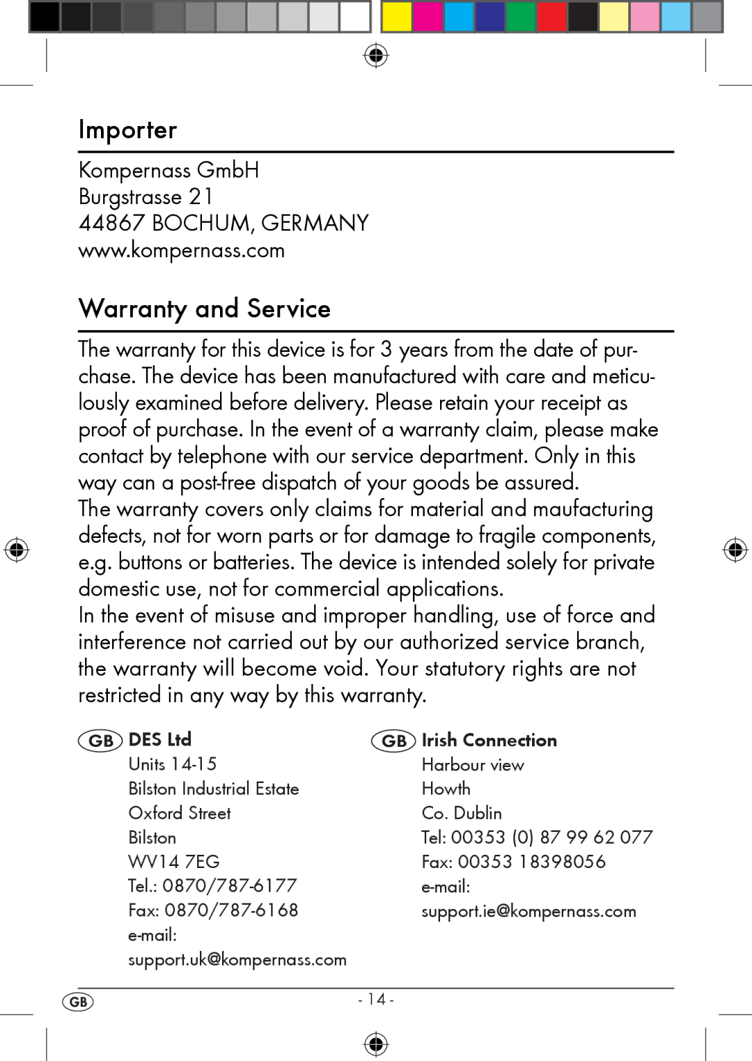 Kompernass KH 2283 instruction manual Importer, Warranty and Service 