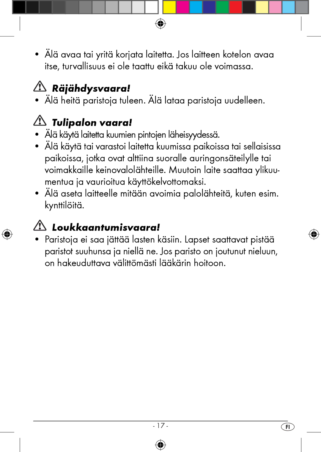 Kompernass KH 2283 instruction manual Älä heitä paristoja tuleen. Älä lataa paristoja uudelleen 