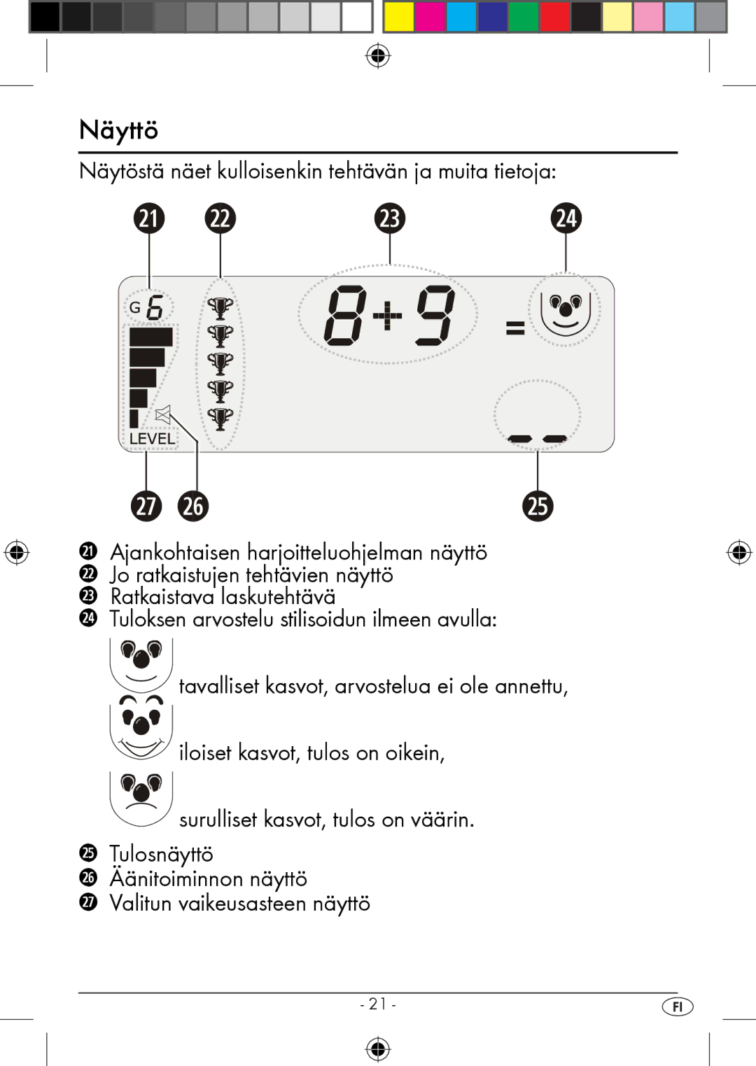 Kompernass KH 2283 instruction manual Näyttö, Näytöstä näet kulloisenkin tehtävän ja muita tietoja 