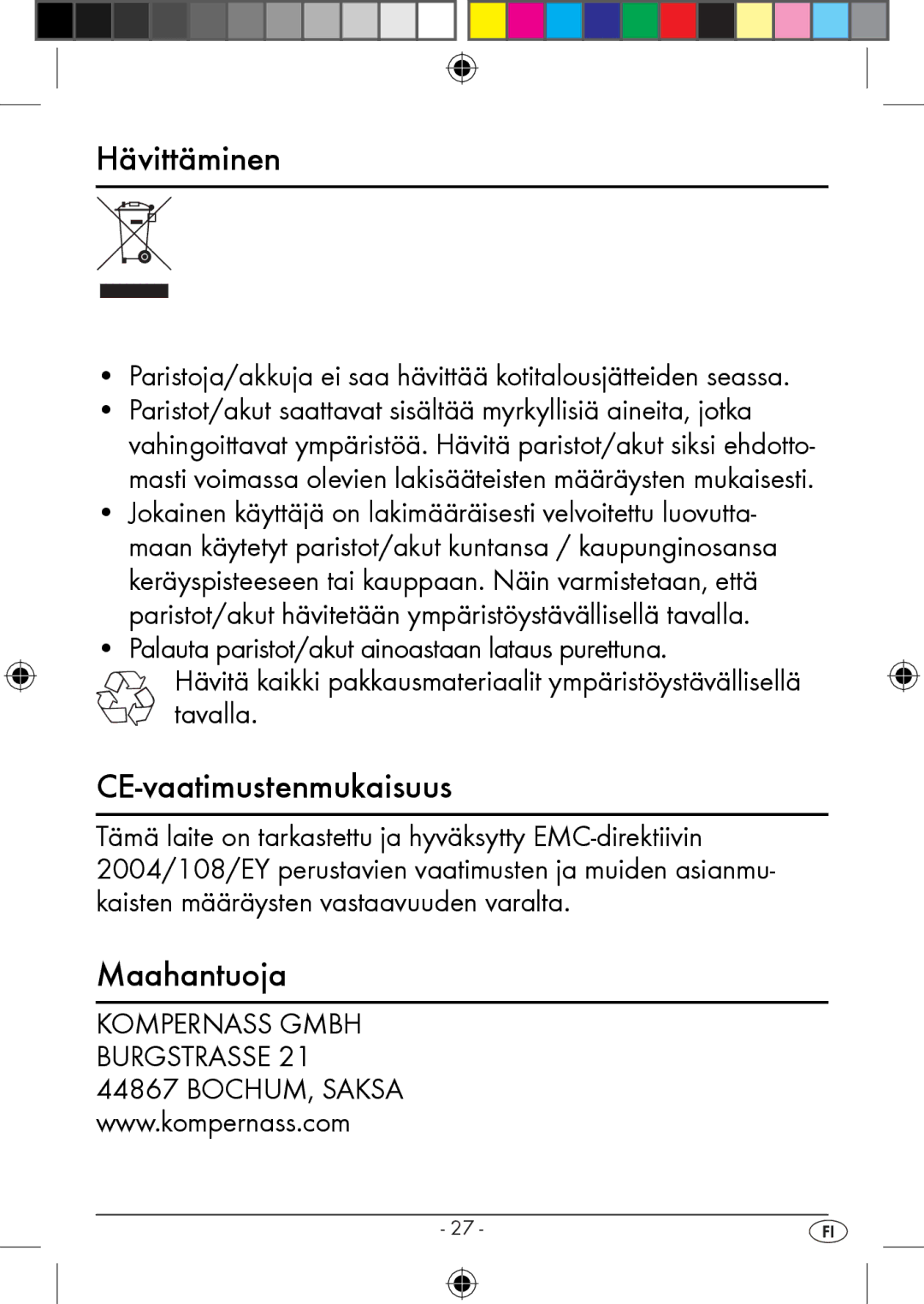 Kompernass KH 2283 instruction manual Hävittäminen, CE-vaatimustenmukaisuus, Maahantuoja 