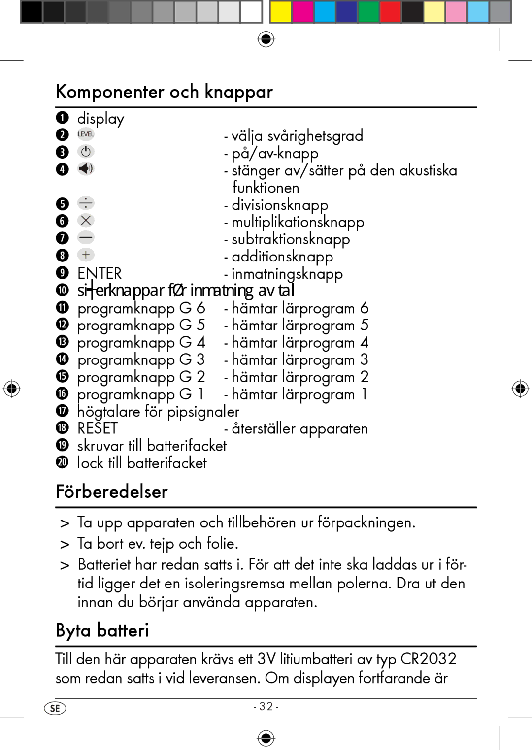 Kompernass KH 2283 instruction manual Komponenter och knappar, Förberedelser, Byta batteri 