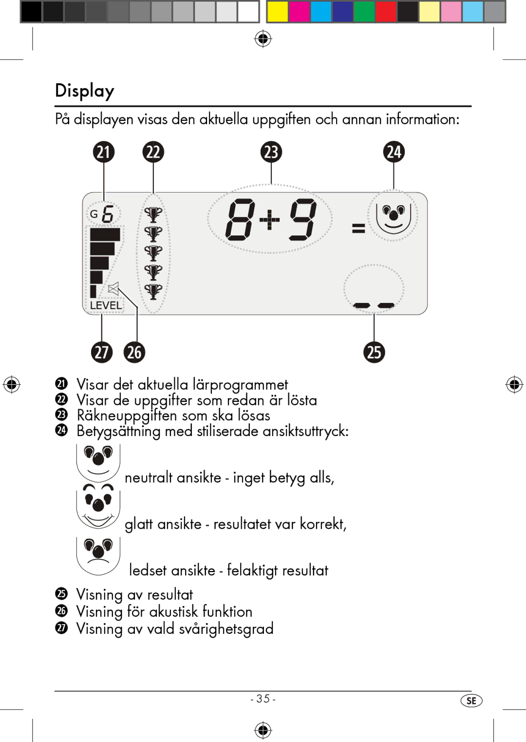 Kompernass KH 2283 instruction manual Visar det aktuella lärprogrammet, $ Betygsättning med stiliserade ansiktsuttryck 