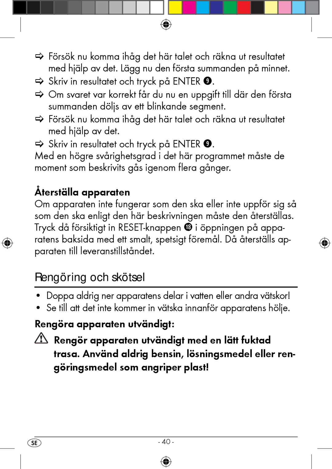 Kompernass KH 2283 instruction manual Rengöring och skötsel, Skriv in resultatet och tryck på Enter o, Återställa apparaten 