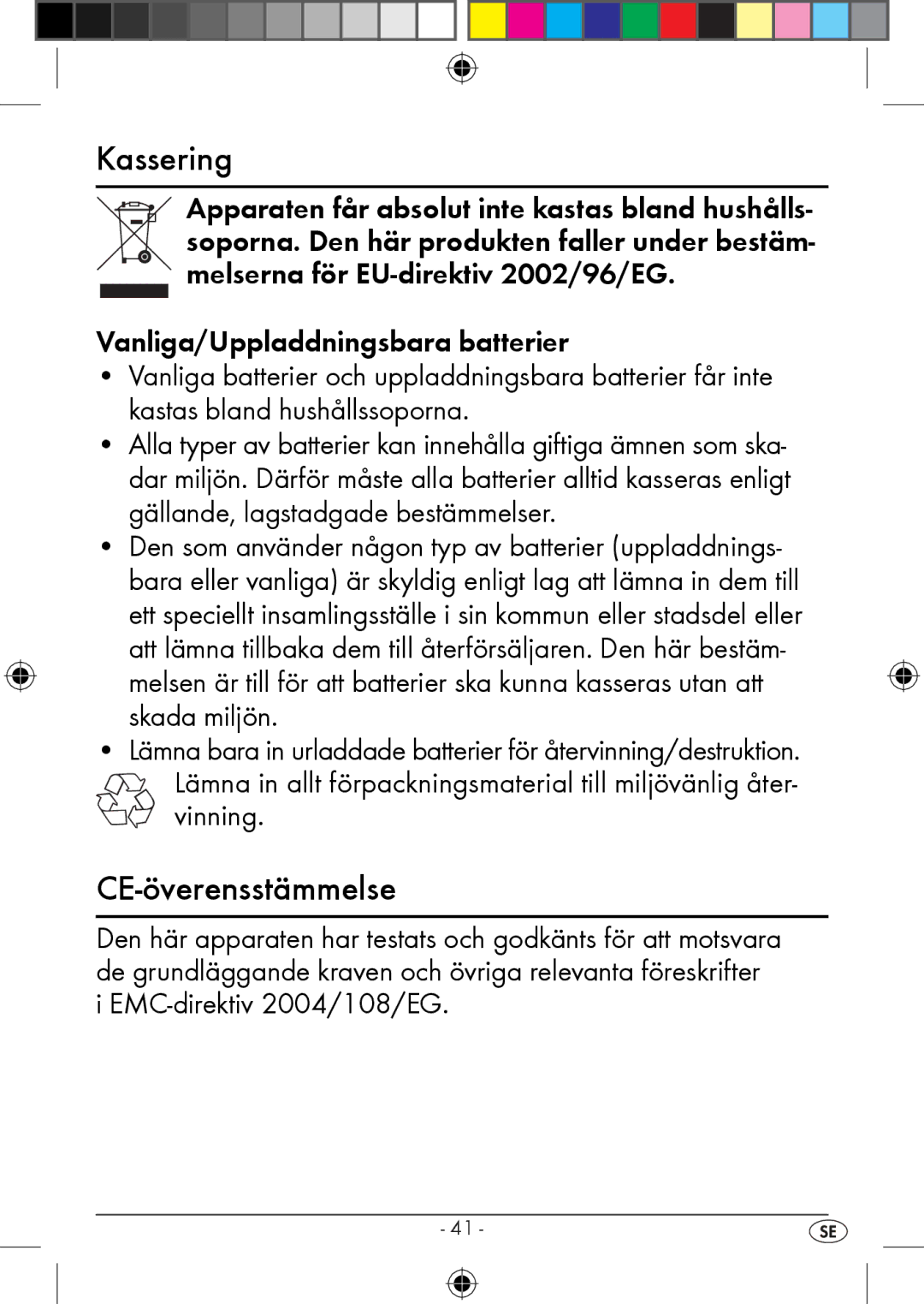 Kompernass KH 2283 instruction manual Kassering, CE-överensstämmelse 