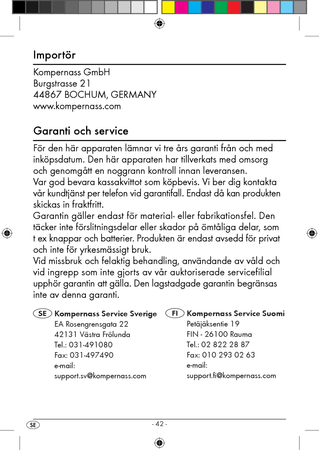 Kompernass KH 2283 instruction manual Importör, Garanti och service, Kompernass GmbH Burgstrasse 