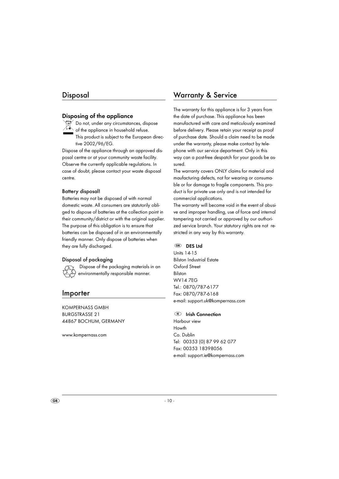 Kompernass KH 2289 operating instructions Disposal, Importer, Warranty & Service, Disposing of the appliance 