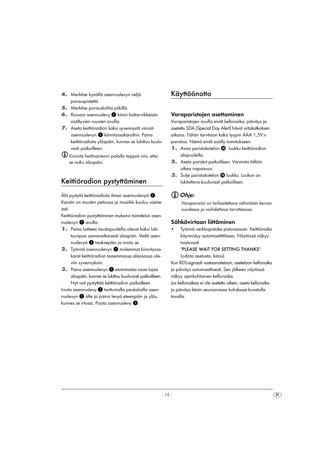 Kompernass KH 2289 Keittiöradion pystyttäminen, Käyttöönotto, Varaparistojen asettaminen, Ohje, Sähkövirtaan liittäminen 