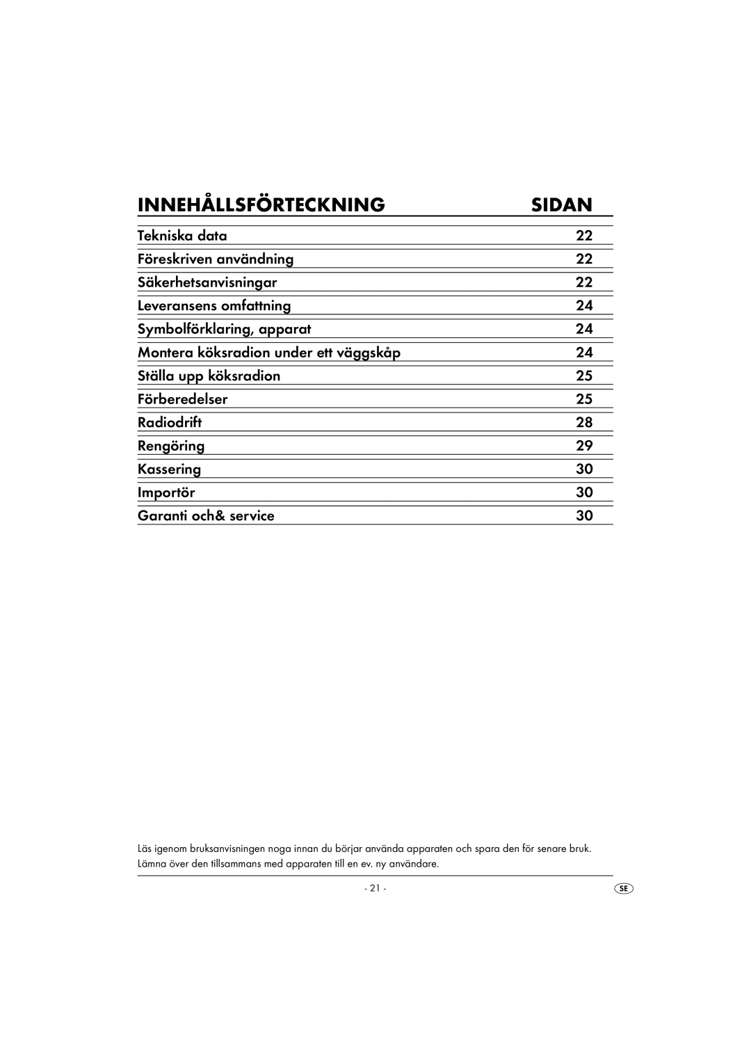 Kompernass KH 2289 operating instructions Innehållsförteckning Sidan 