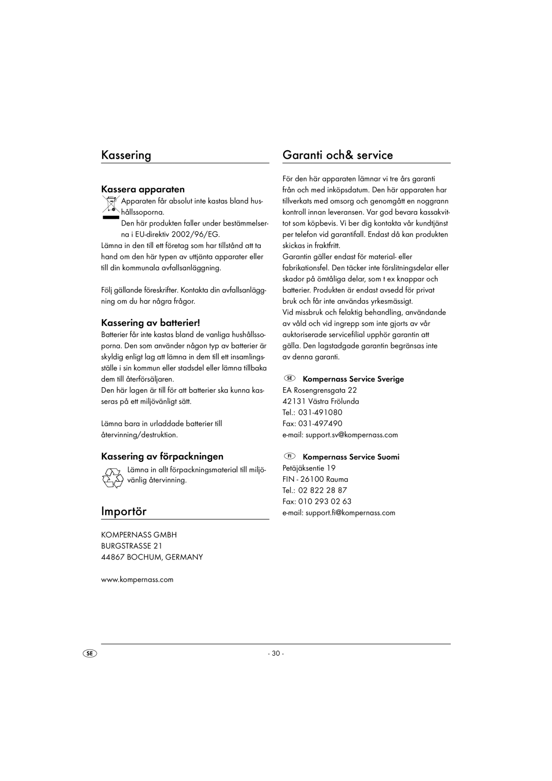 Kompernass KH 2289 operating instructions Kassering, Importör, Garanti och& service 