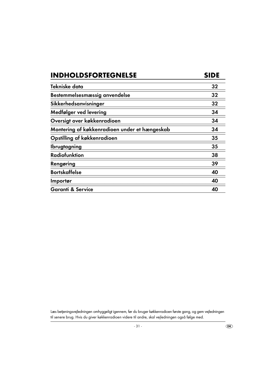 Kompernass KH 2289 operating instructions Indholdsfortegnelse Side 