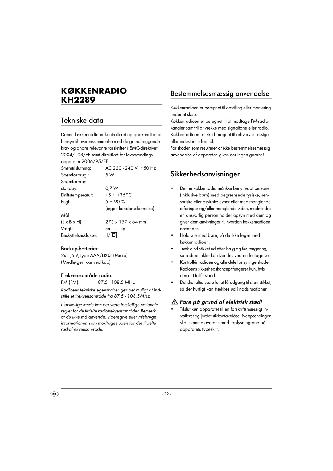 Kompernass KH 2289 operating instructions Køkkenradio, Tekniske data, Sikkerhedsanvisninger, Bestemmelsesmæssig anvendelse 