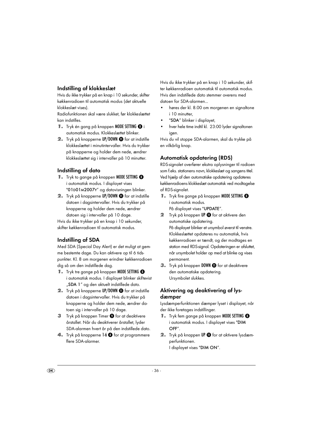 Kompernass KH 2289 Indstilling af klokkeslæt, Indstilling af dato, Indstilling af SDA, Automatisk opdatering RDS 