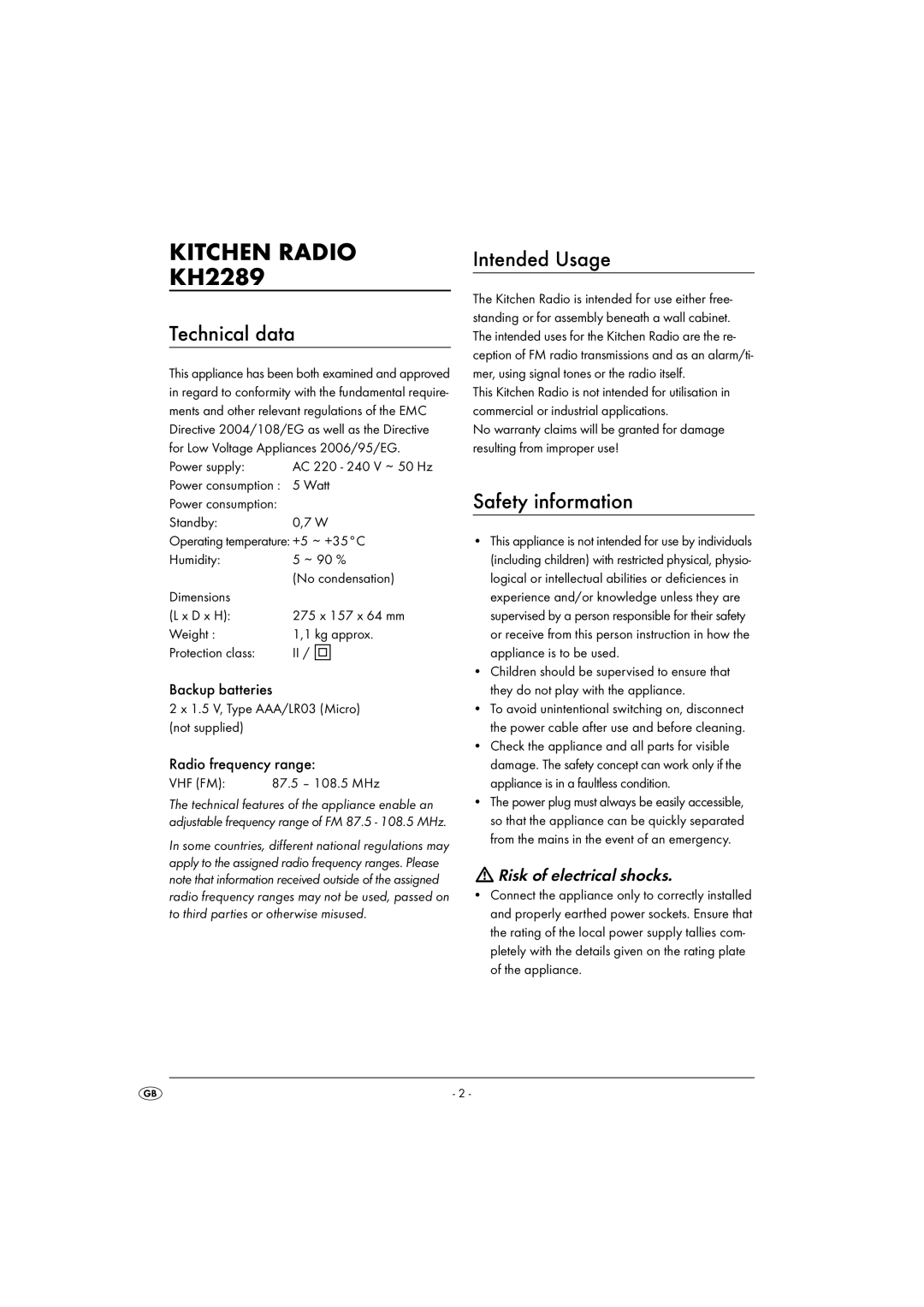 Kompernass KH 2289 Kitchen Radio, Technical data, Intended Usage, Safety information, Risk of electrical shocks 