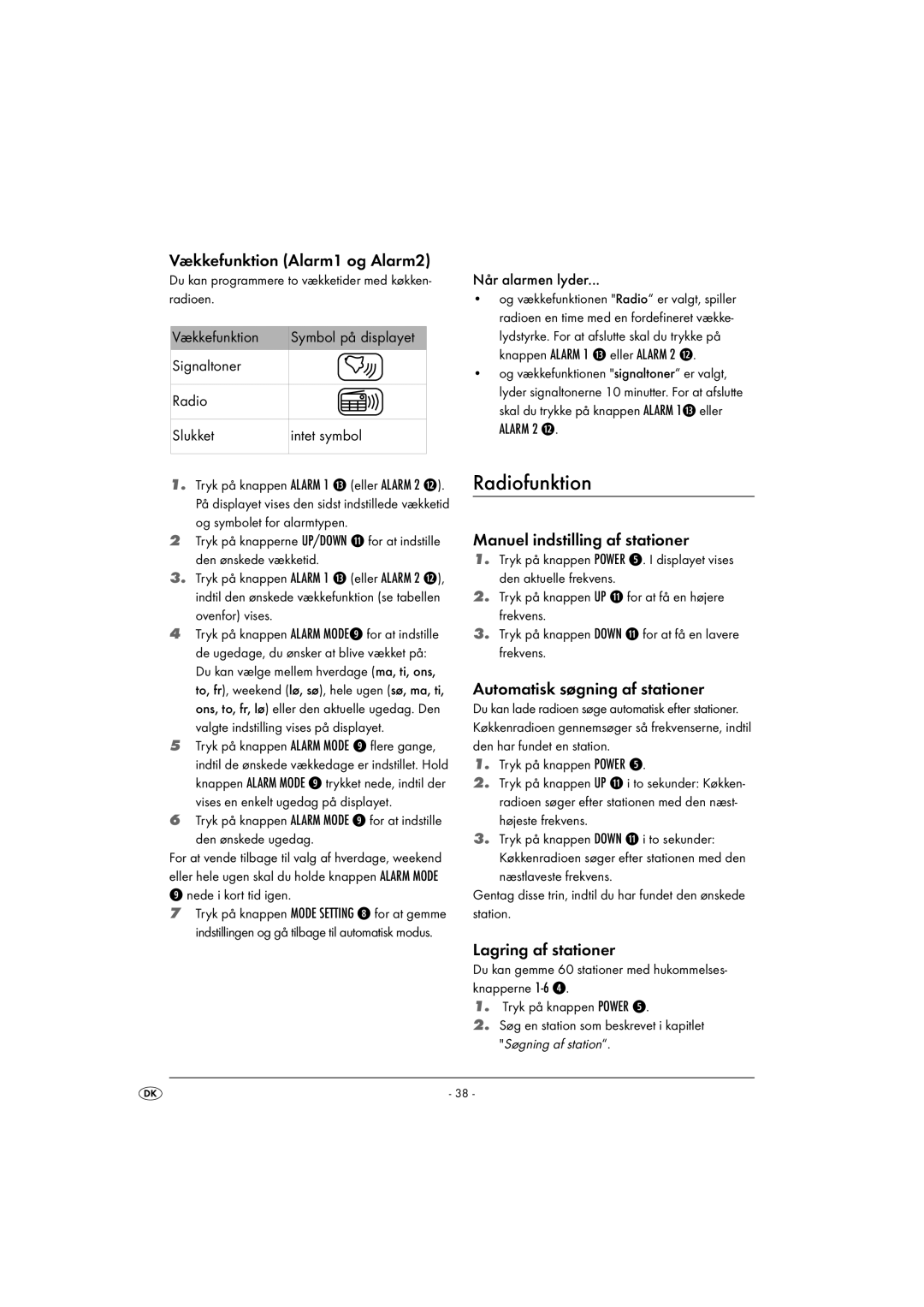 Kompernass KH 2289 Radiofunktion, Vækkefunktion Alarm1 og Alarm2, Manuel indstilling af stationer, Lagring af stationer 