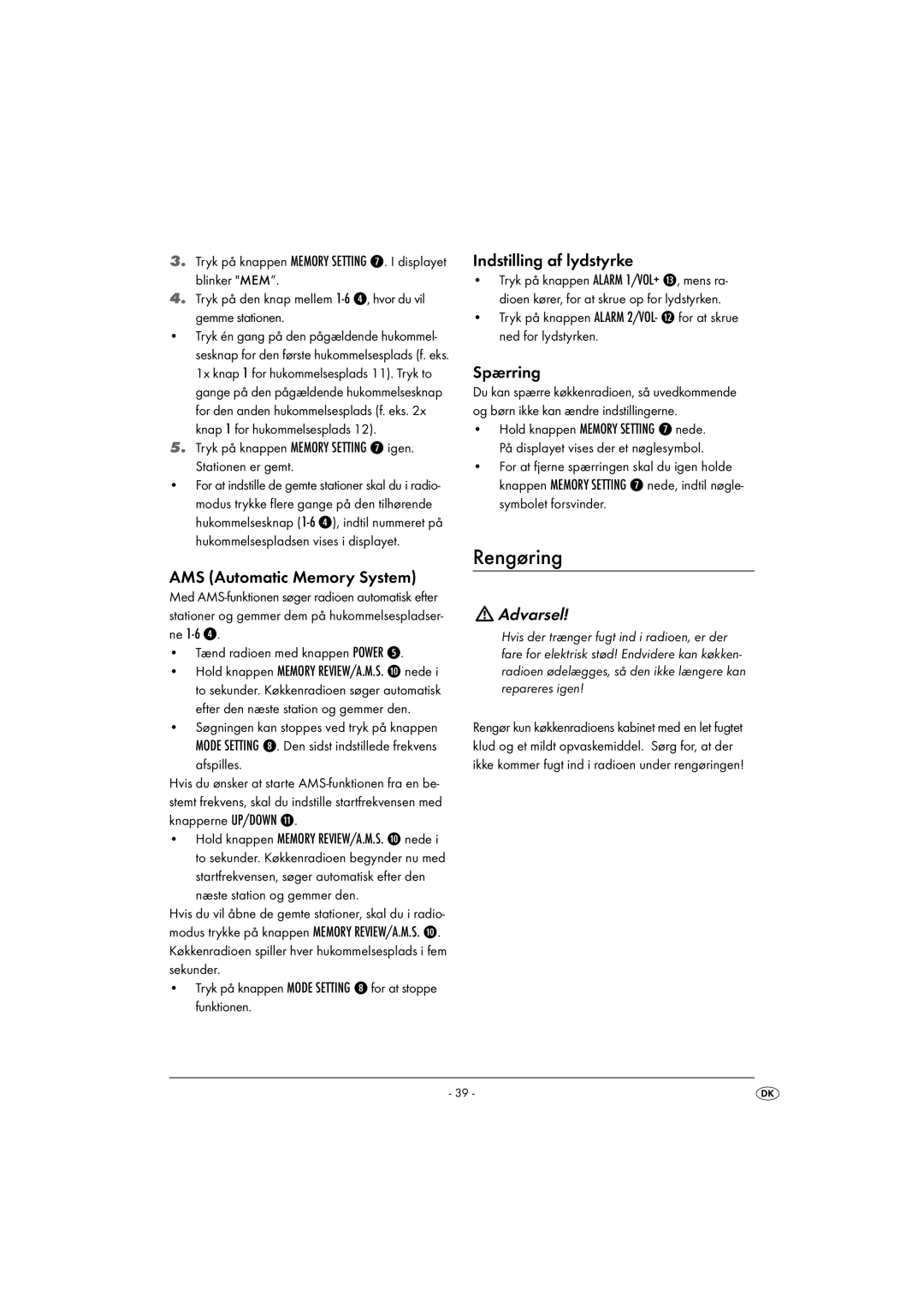 Kompernass KH 2289 operating instructions Rengøring, Indstilling af lydstyrke, Spærring 