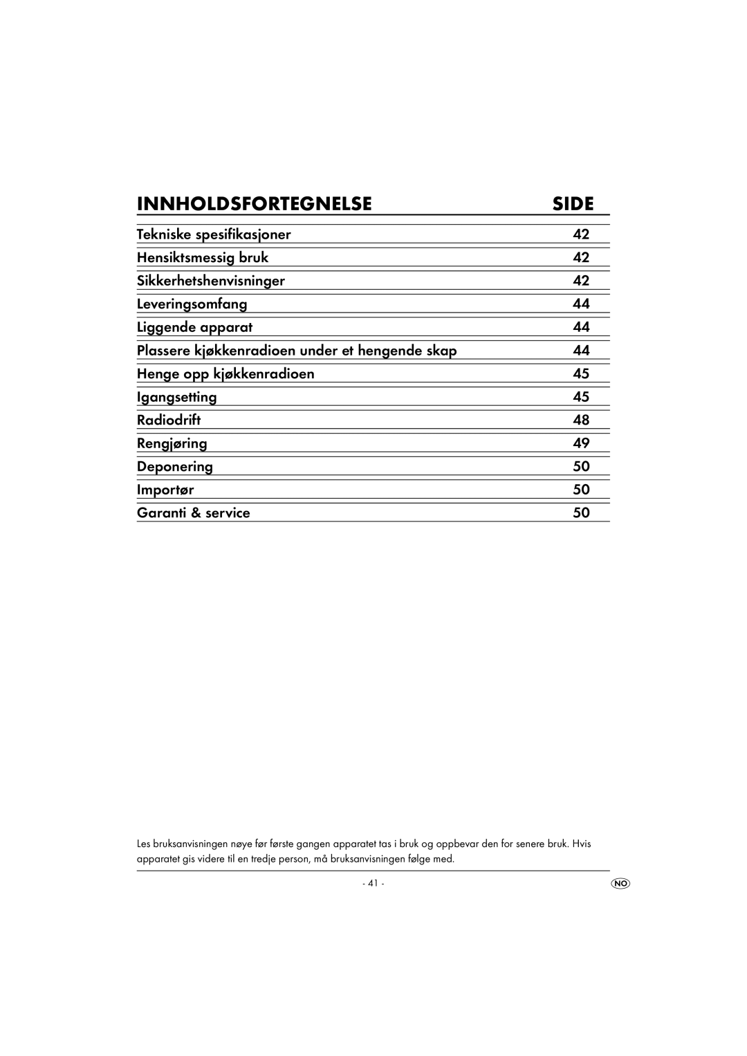 Kompernass KH 2289 operating instructions Innholdsfortegnelse Side 