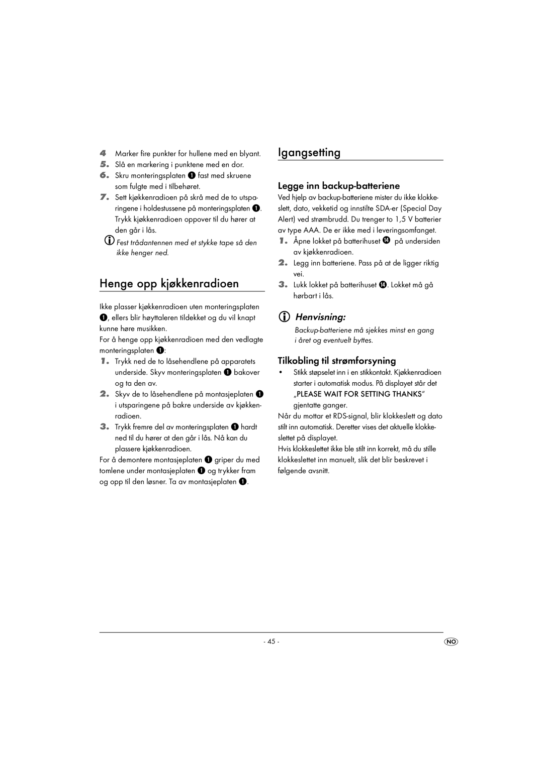 Kompernass KH 2289 Henge opp kjøkkenradioen, Igangsetting, Legge inn backup-batteriene, Tilkobling til strømforsyning 