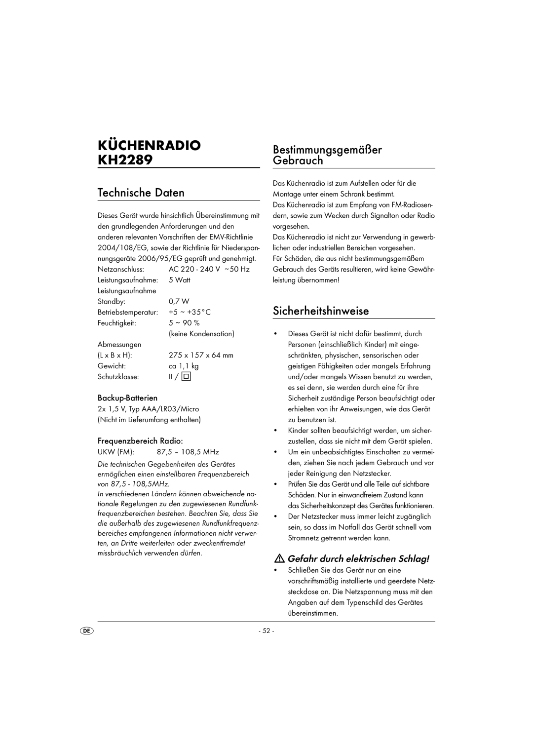 Kompernass KH 2289 operating instructions Küchenradio, Technische Daten, Bestimmungsgemäßer Gebrauch, Sicherheitshinweise 