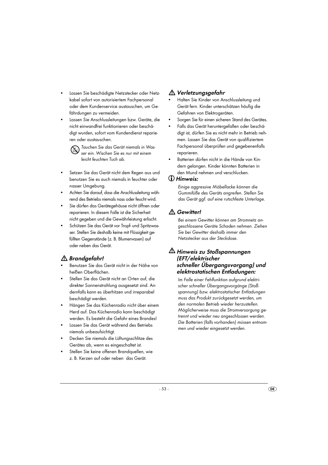 Kompernass KH 2289 operating instructions Brandgefahr, Verletzungsgefahr, Hinweis, Gewitter 