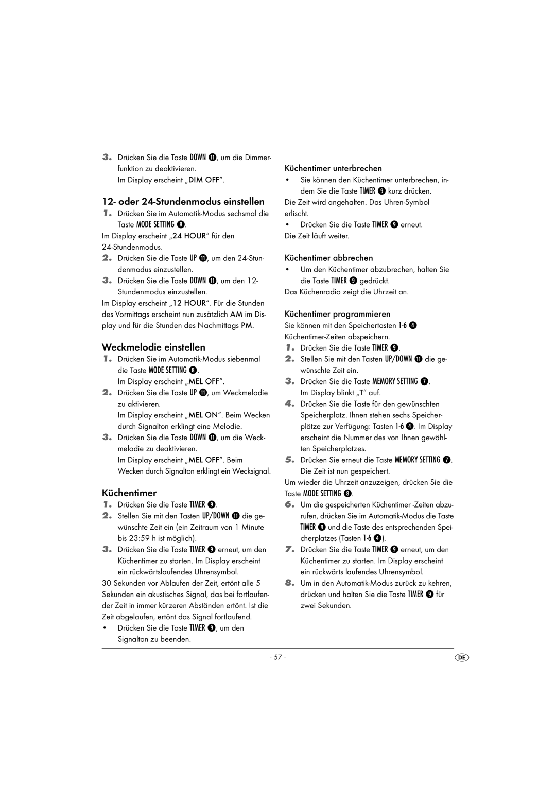 Kompernass KH 2289 operating instructions Oder 24-Stundenmodus einstellen, Weckmelodie einstellen, Küchentimer 