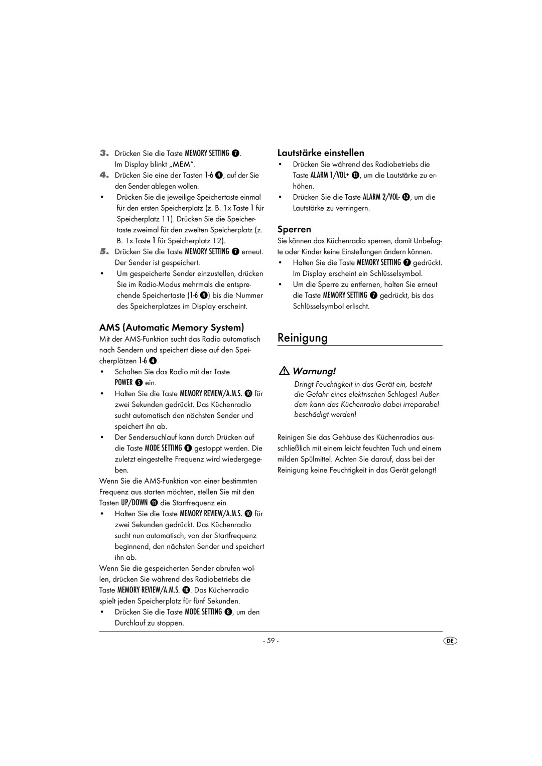 Kompernass KH 2289 operating instructions Reinigung, Lautstärke einstellen, Sperren, Warnung, Power t ein 