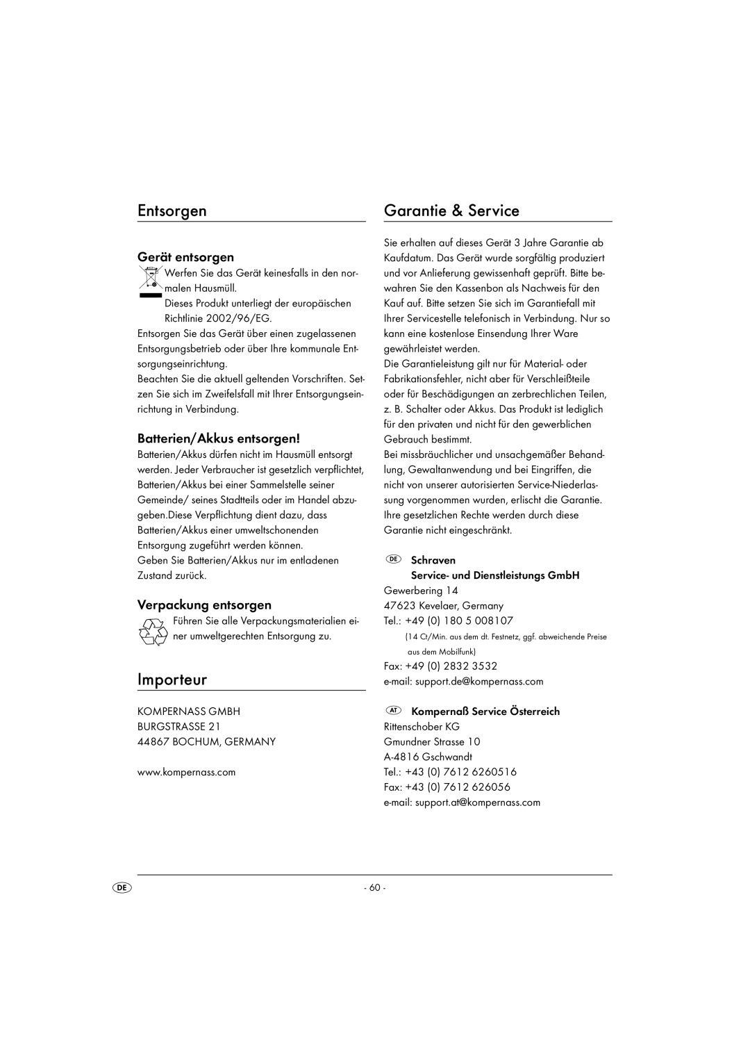 Kompernass KH 2289 operating instructions Entsorgen, Importeur, Garantie & Service 