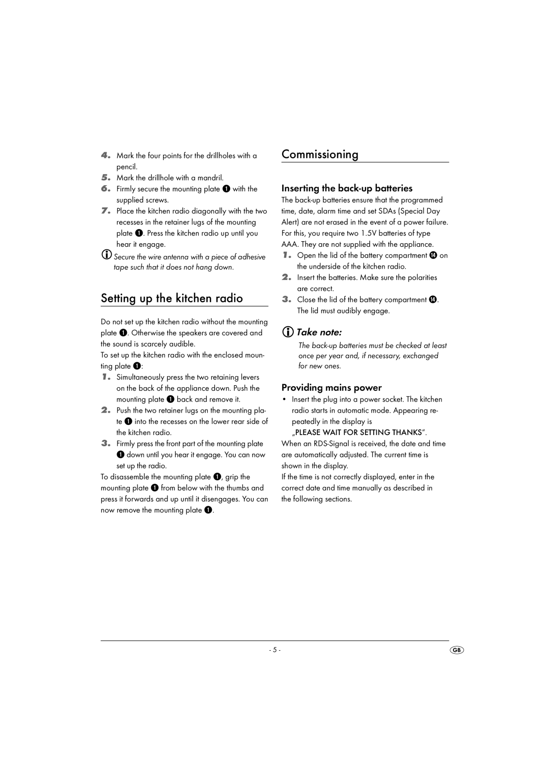 Kompernass KH 2289 Setting up the kitchen radio, Commissioning, Inserting the back-up batteries, Take note 