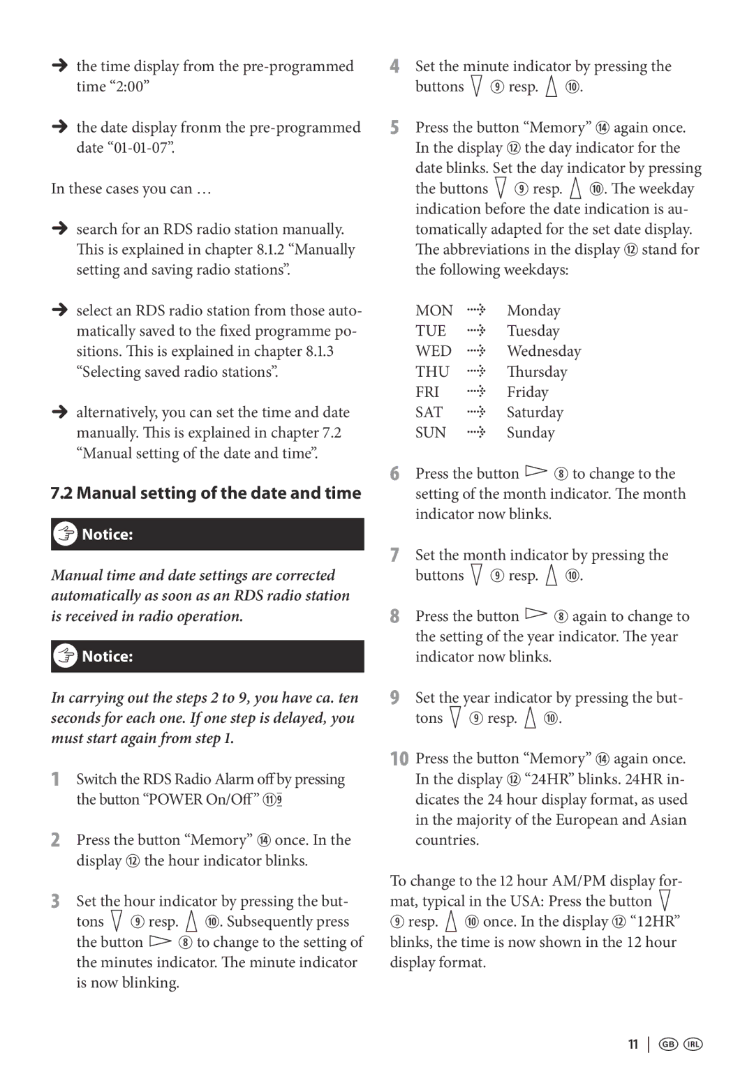 Kompernass KH 2295 operating instructions Manual setting of the date and time, 11   