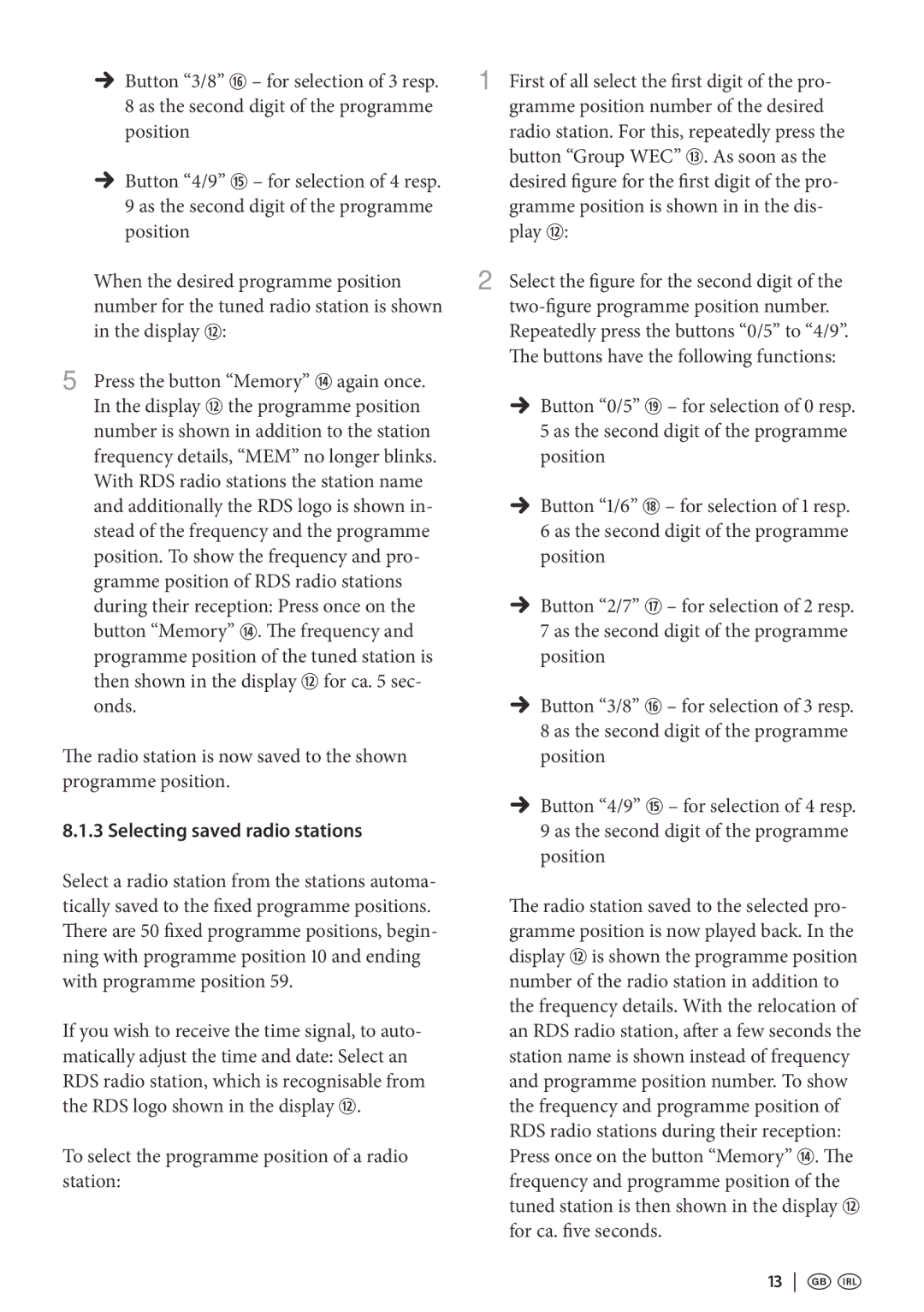 Kompernass KH 2295 operating instructions Selecting saved radio stations, 13   