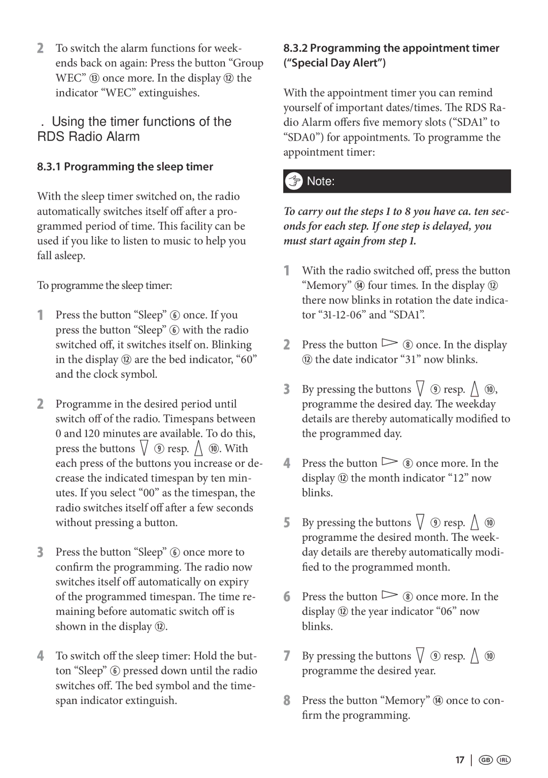 Kompernass KH 2295 Using the timer functions of the RDS Radio Alarm, Programming the sleep timer, 17   