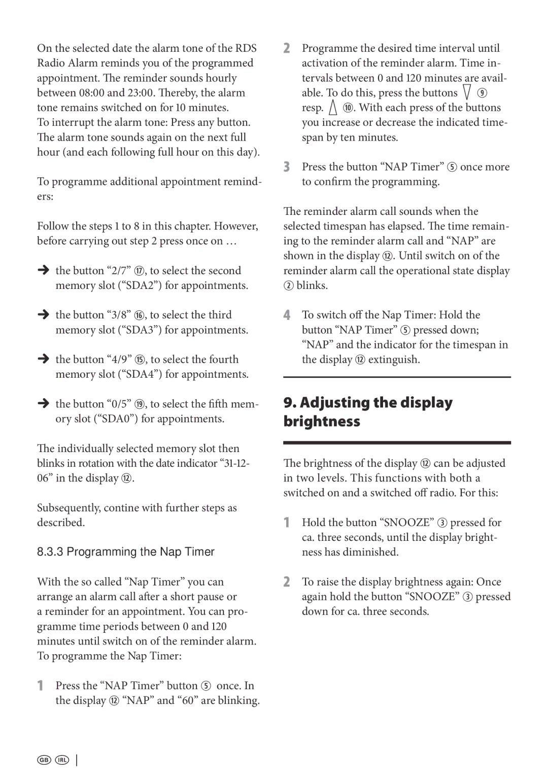 Kompernass KH 2295 operating instructions Adjusting the display brightness, Programming the Nap Timer 