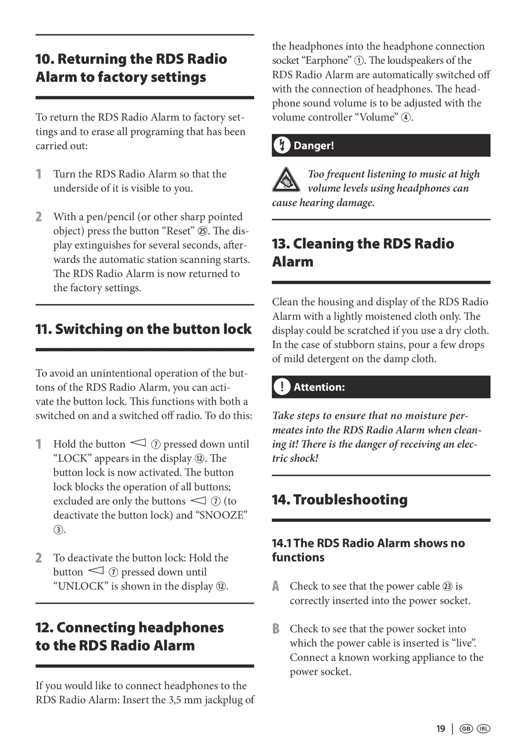 Kompernass KH 2295 Switching on the button lock, Cleaning the RDS Radio Alarm, Troubleshooting, 19   
