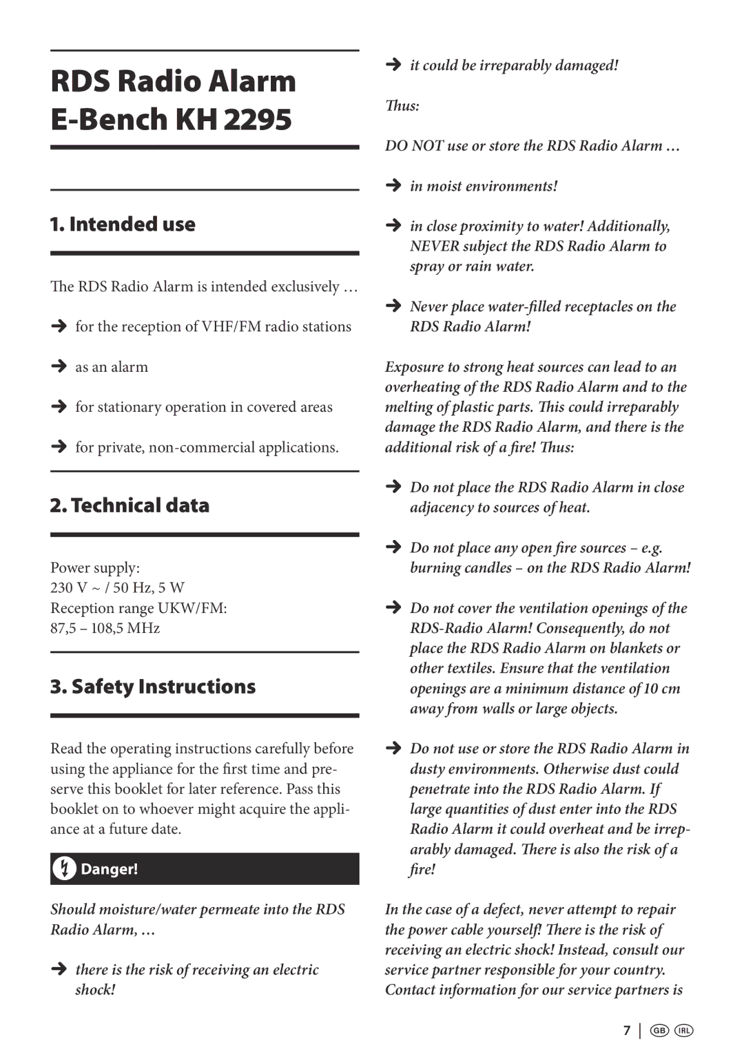 Kompernass KH 2295 operating instructions Intended use, Technical data, Safety Instructions 