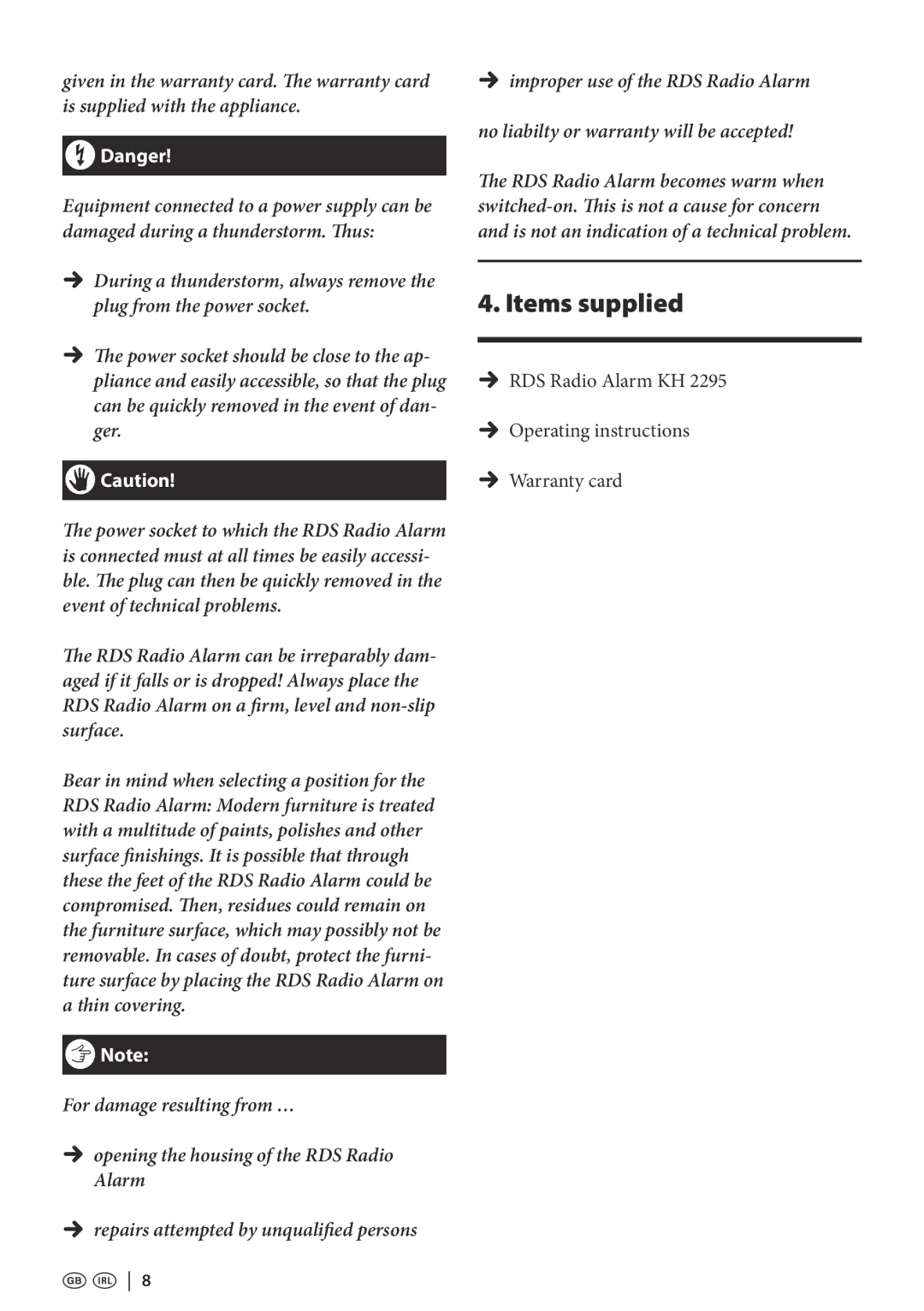 Kompernass KH 2295 operating instructions Items supplied 