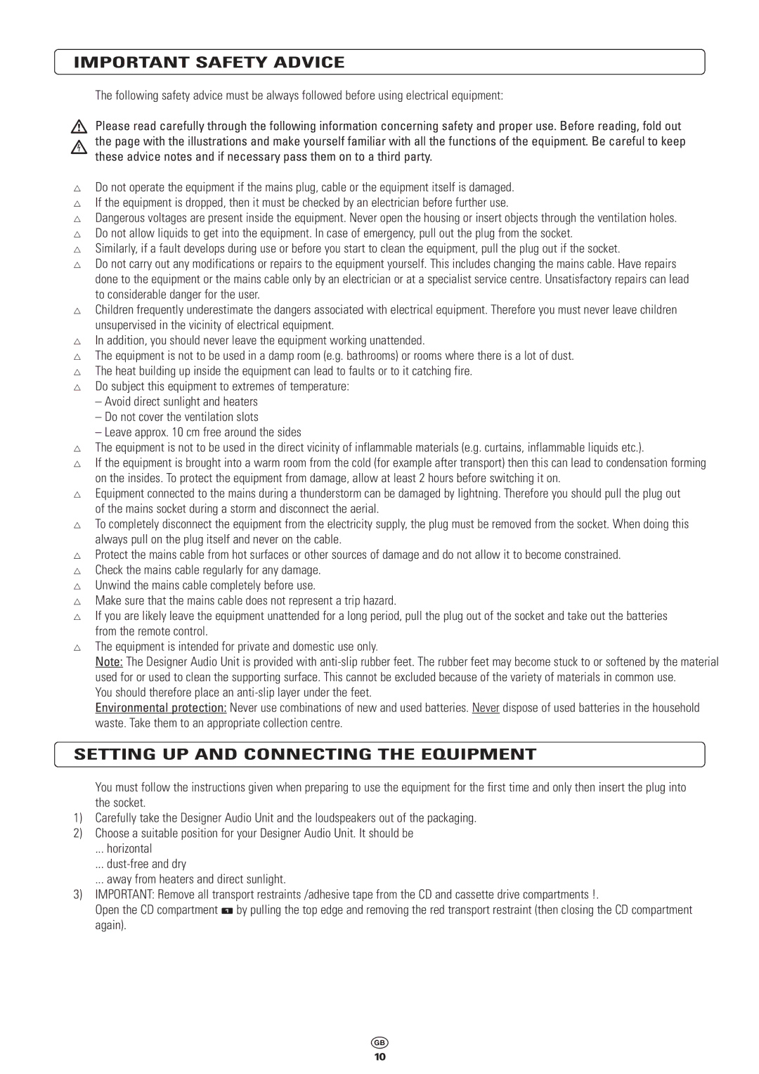 Kompernass KH 2300 manual Important Safety Advice, Setting UP and Connecting the Equipment 