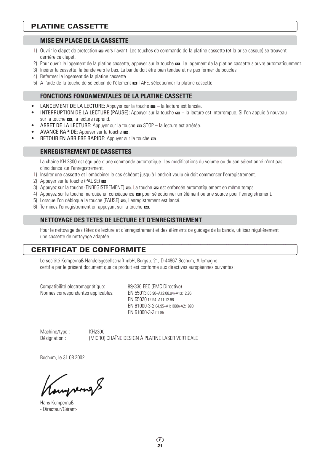 Kompernass KH 2300 manual Platine Cassette Mise EN Place DE LA Cassette, Fonctions Fondamentales DE LA Platine Cassette 