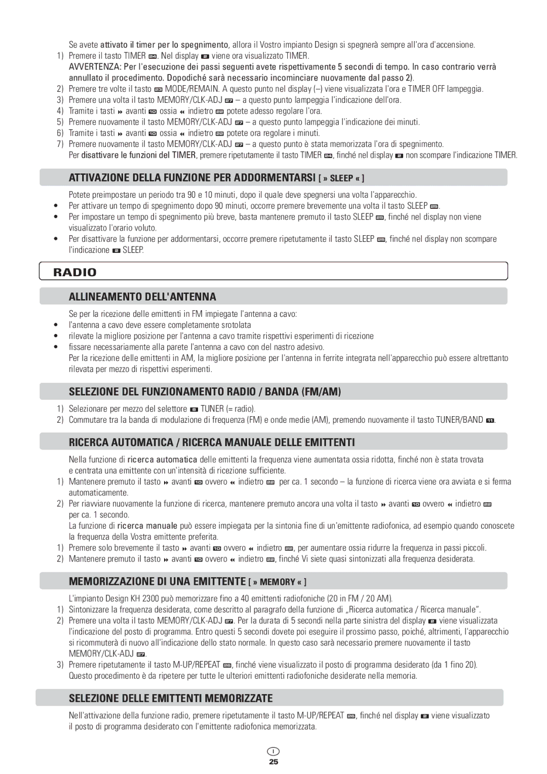 Kompernass KH 2300 manual Attivazione Della Funzione PER Addormentarsi » Sleep «, Radio Allineamento Dellantenna 